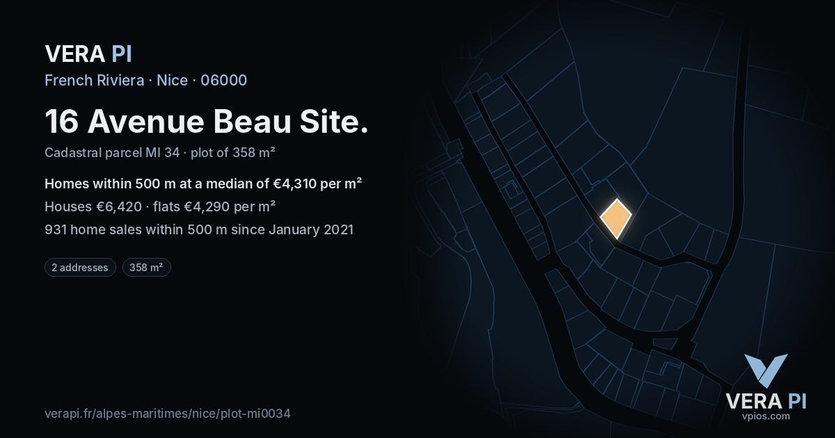 16 Avenue Beau Site, Nice at night – the plot lit, the parcels around coloured by the prices near them