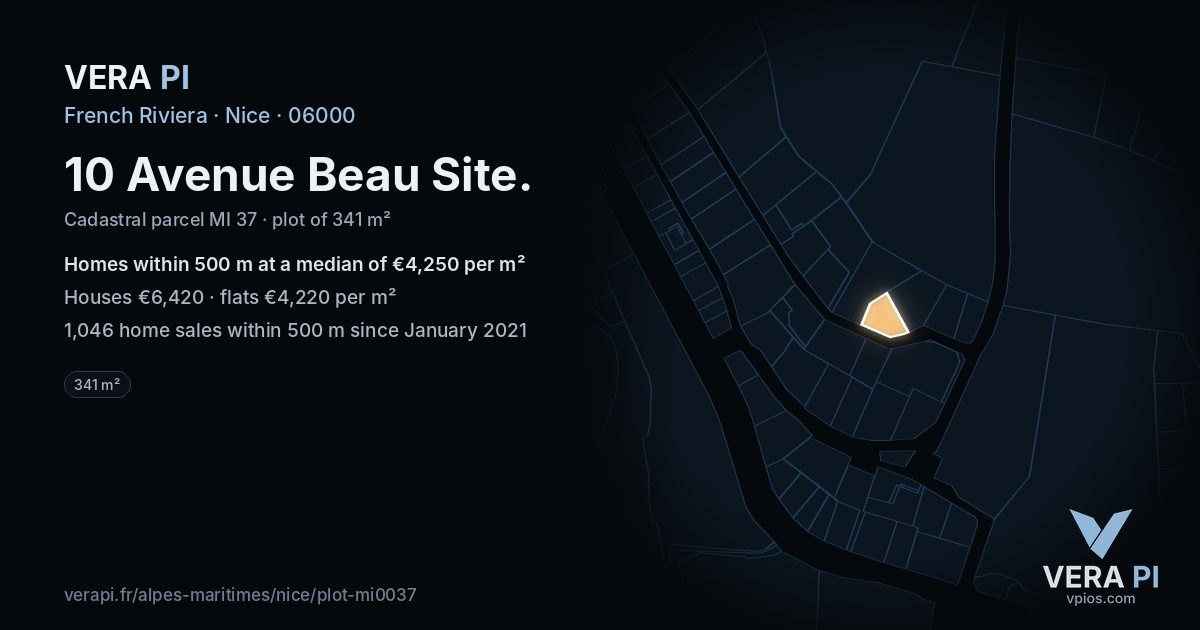 10 Avenue Beau Site, Nice at night – the plot lit, the parcels around coloured by the prices near them