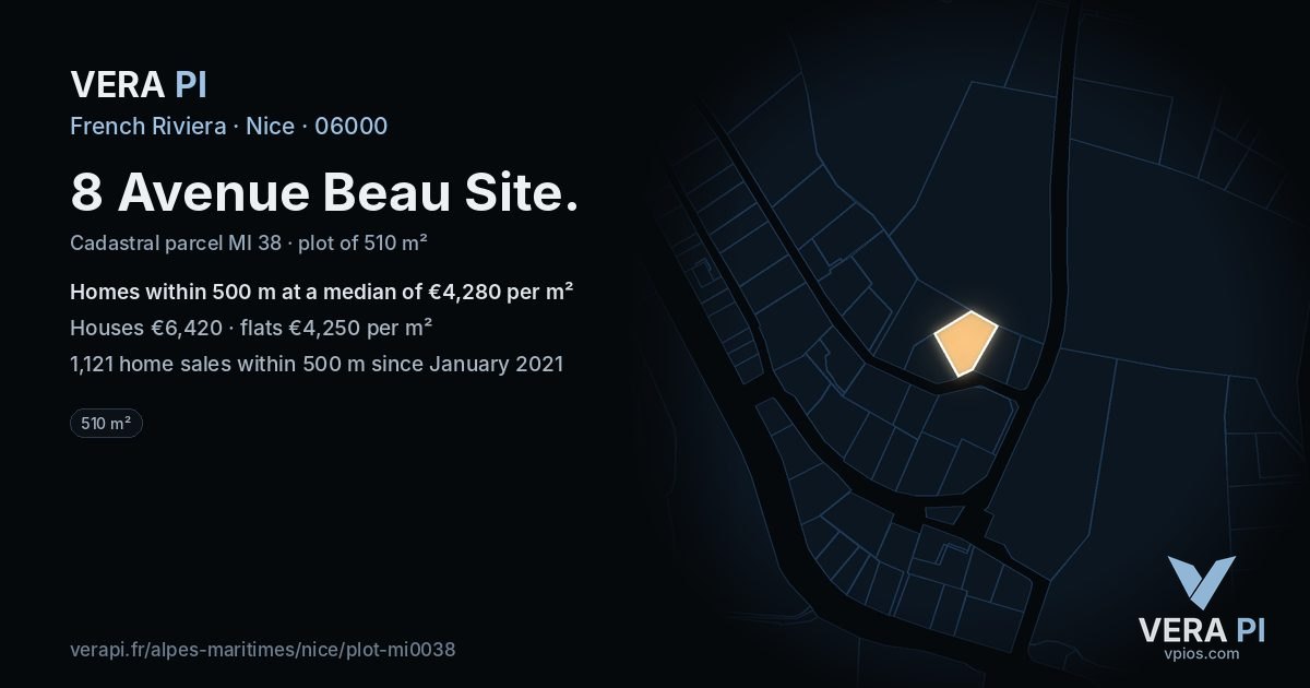 8 Avenue Beau Site, Nice at night – the plot lit, the parcels around coloured by the prices near them