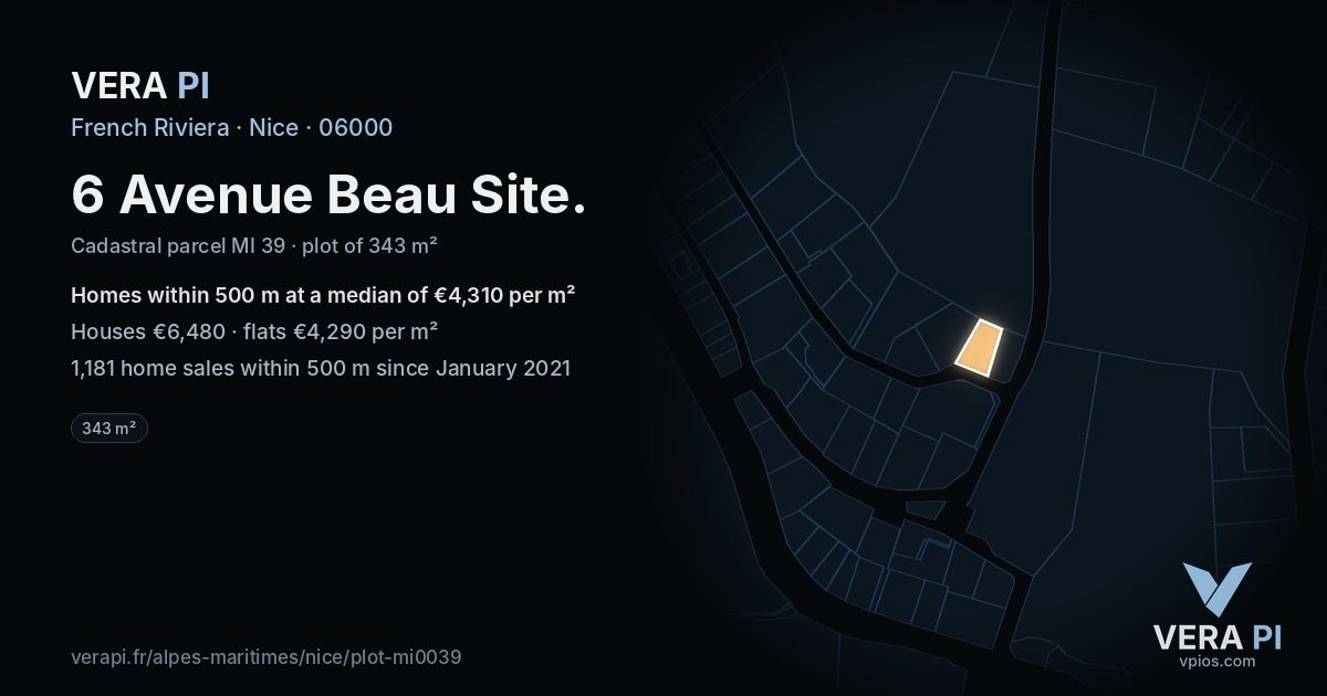 6 Avenue Beau Site, Nice at night – the plot lit, the parcels around coloured by the prices near them
