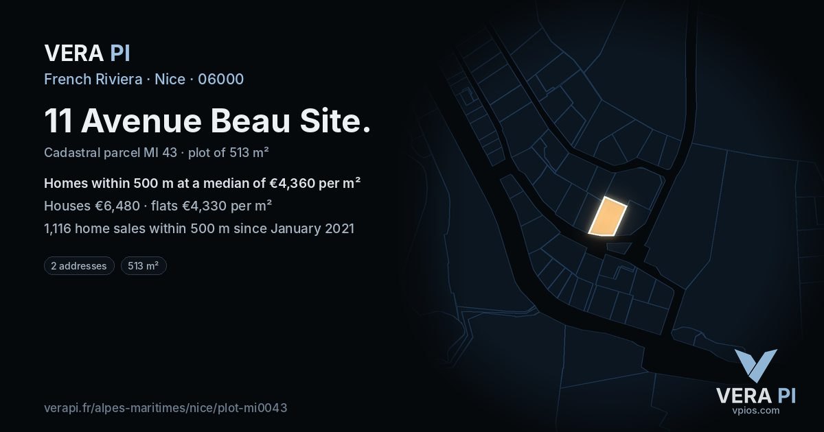 11 Avenue Beau Site, Nice at night – the plot lit, the parcels around coloured by the prices near them