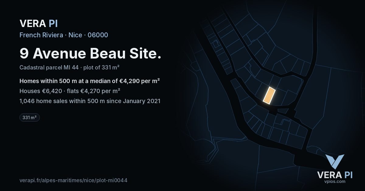9 Avenue Beau Site, Nice at night – the plot lit, the parcels around coloured by the prices near them