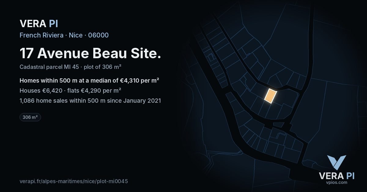 17 Avenue Beau Site, Nice at night – the plot lit, the parcels around coloured by the prices near them