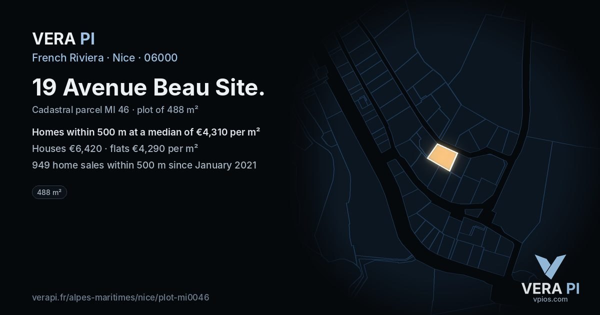 19 Avenue Beau Site, Nice at night – the plot lit, the parcels around coloured by the prices near them
