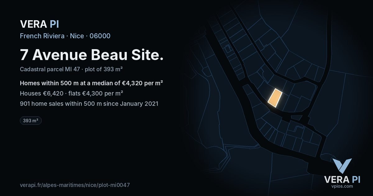 7 Avenue Beau Site, Nice at night – the plot lit, the parcels around coloured by the prices near them