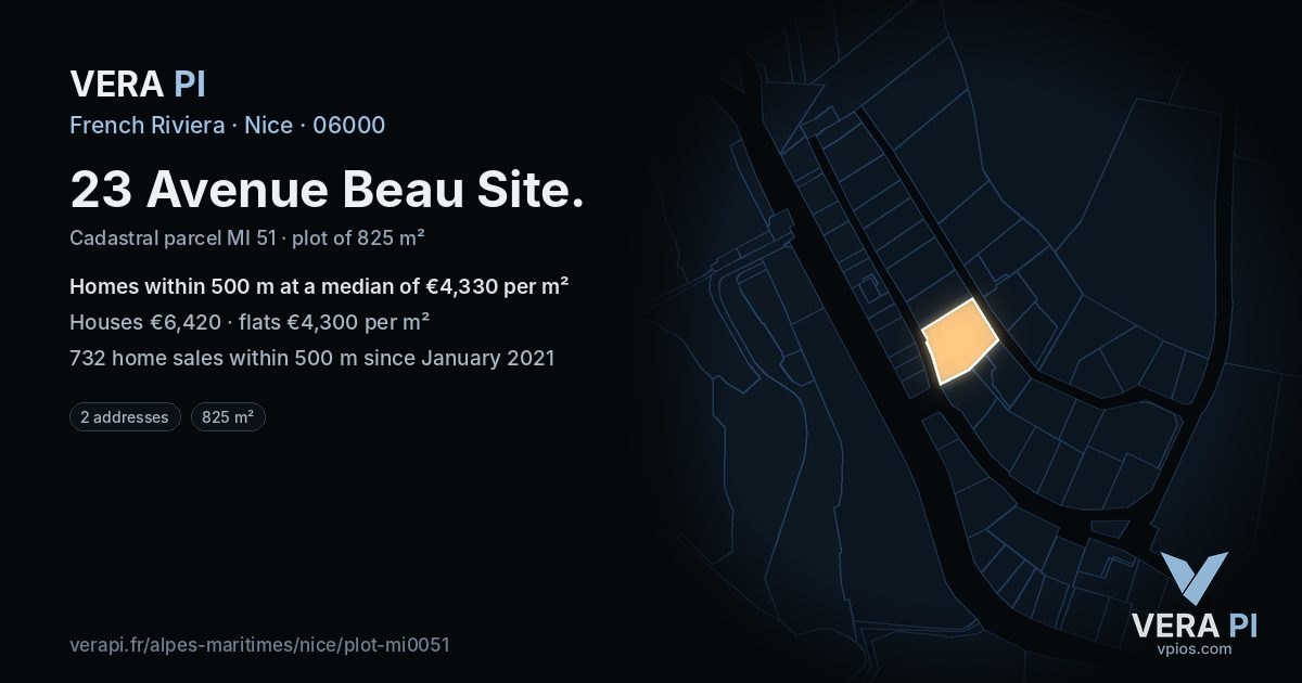 23 Avenue Beau Site, Nice at night – the plot lit, the parcels around coloured by the prices near them