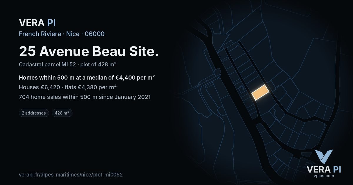 25 Avenue Beau Site, Nice at night – the plot lit, the parcels around coloured by the prices near them