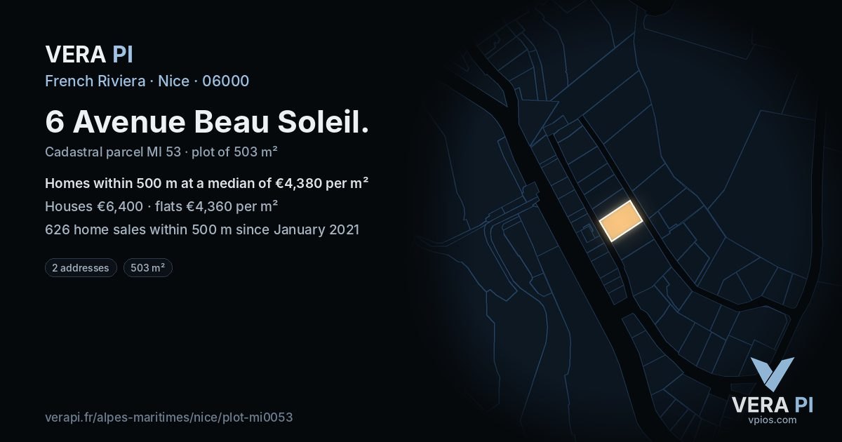 6 Avenue Beau Soleil, Nice at night – the plot lit, the parcels around coloured by the prices near them