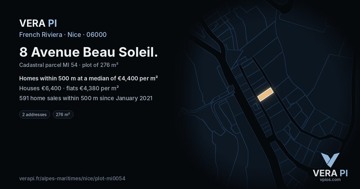 8 Avenue Beau Soleil, Nice at night – the plot lit, the parcels around coloured by the prices near them