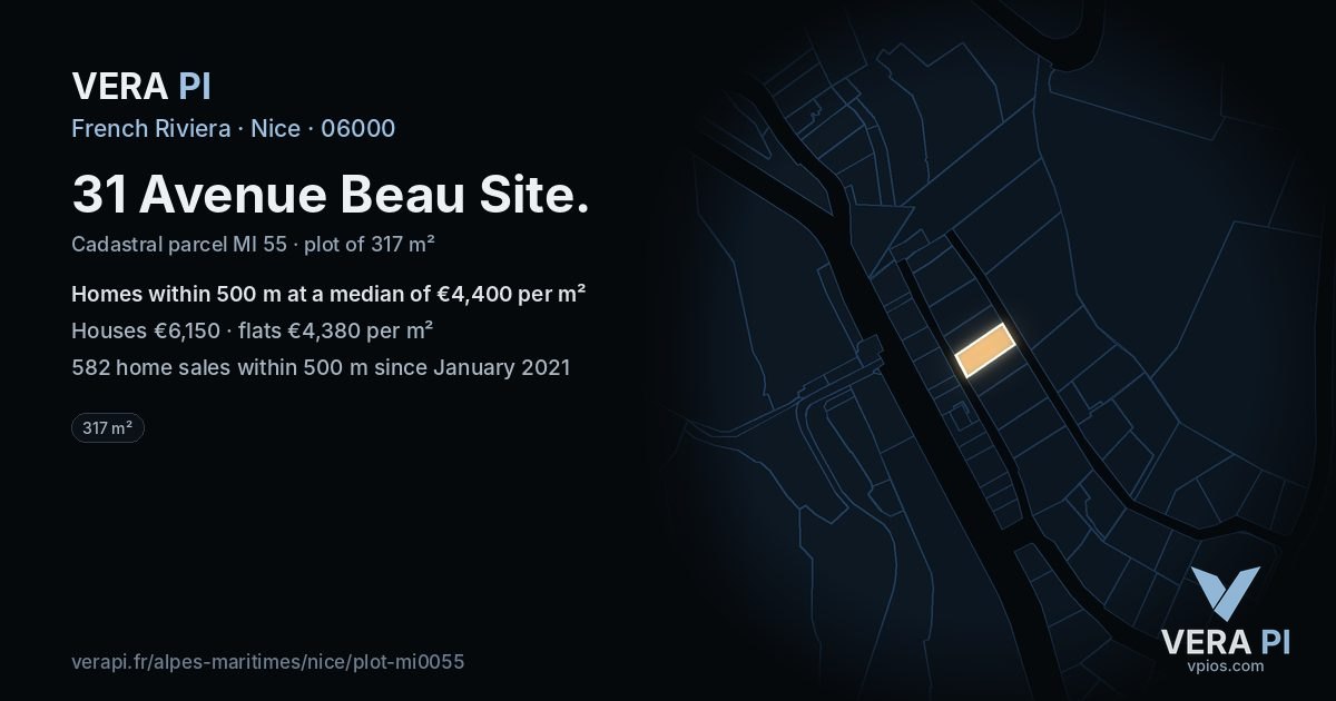 31 Avenue Beau Site, Nice at night – the plot lit, the parcels around coloured by the prices near them