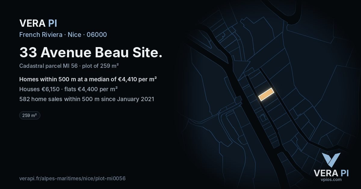 33 Avenue Beau Site, Nice at night – the plot lit, the parcels around coloured by the prices near them