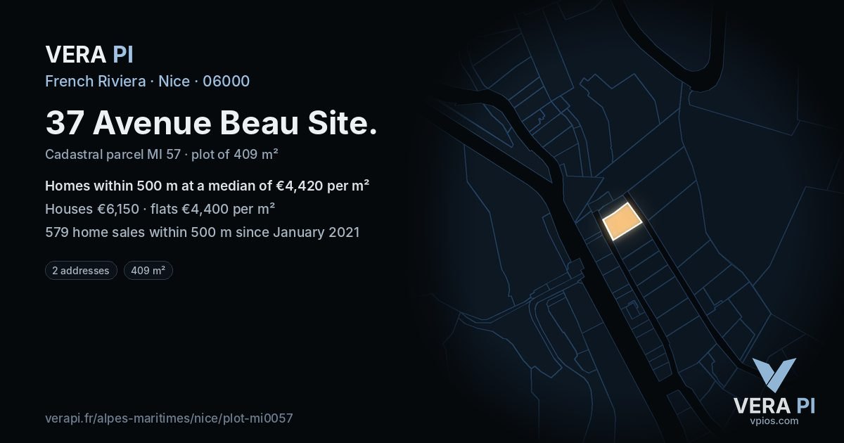 37 Avenue Beau Site, Nice at night – the plot lit, the parcels around coloured by the prices near them