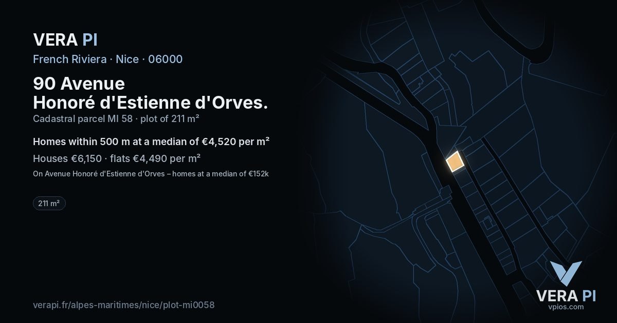 90 Avenue Honoré d'Estienne d'Orves, Nice at night – the plot lit, the parcels around coloured by the prices near them