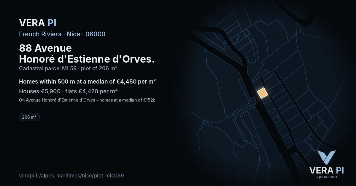 88 Avenue Honoré d'Estienne d'Orves, Nice at night – the plot lit, the parcels around coloured by the prices near them