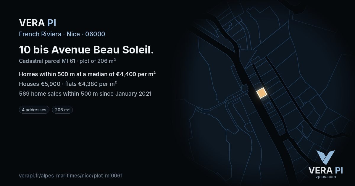 10 bis Avenue Beau Soleil, Nice at night – the plot lit, the parcels around coloured by the prices near them