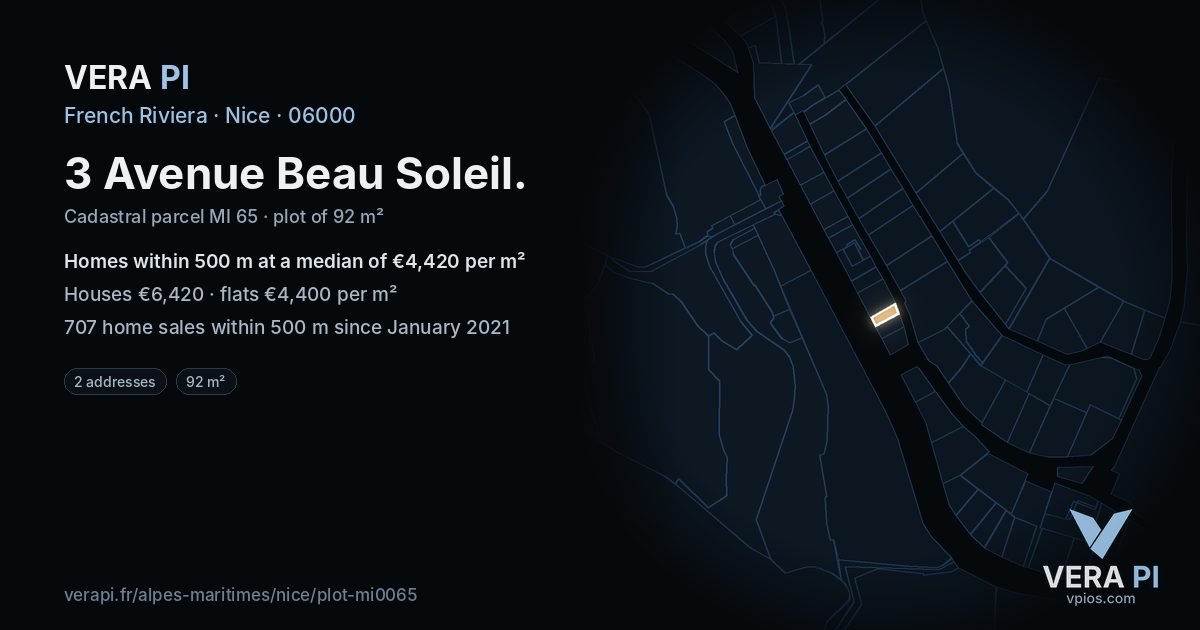 3 Avenue Beau Soleil, Nice at night – the plot lit, the parcels around coloured by the prices near them