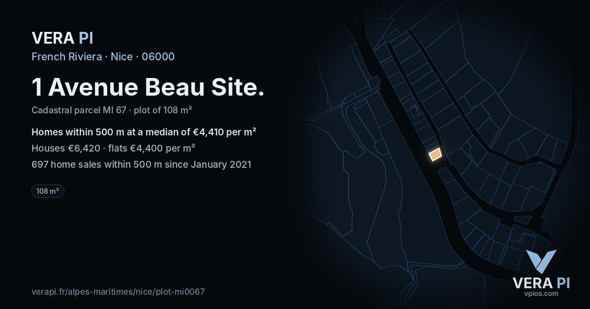 1 Avenue Beau Site, Nice at night – the plot lit, the parcels around coloured by the prices near them