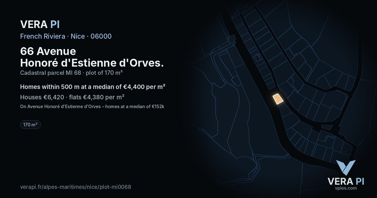 66 Avenue Honoré d'Estienne d'Orves, Nice at night – the plot lit, the parcels around coloured by the prices near them