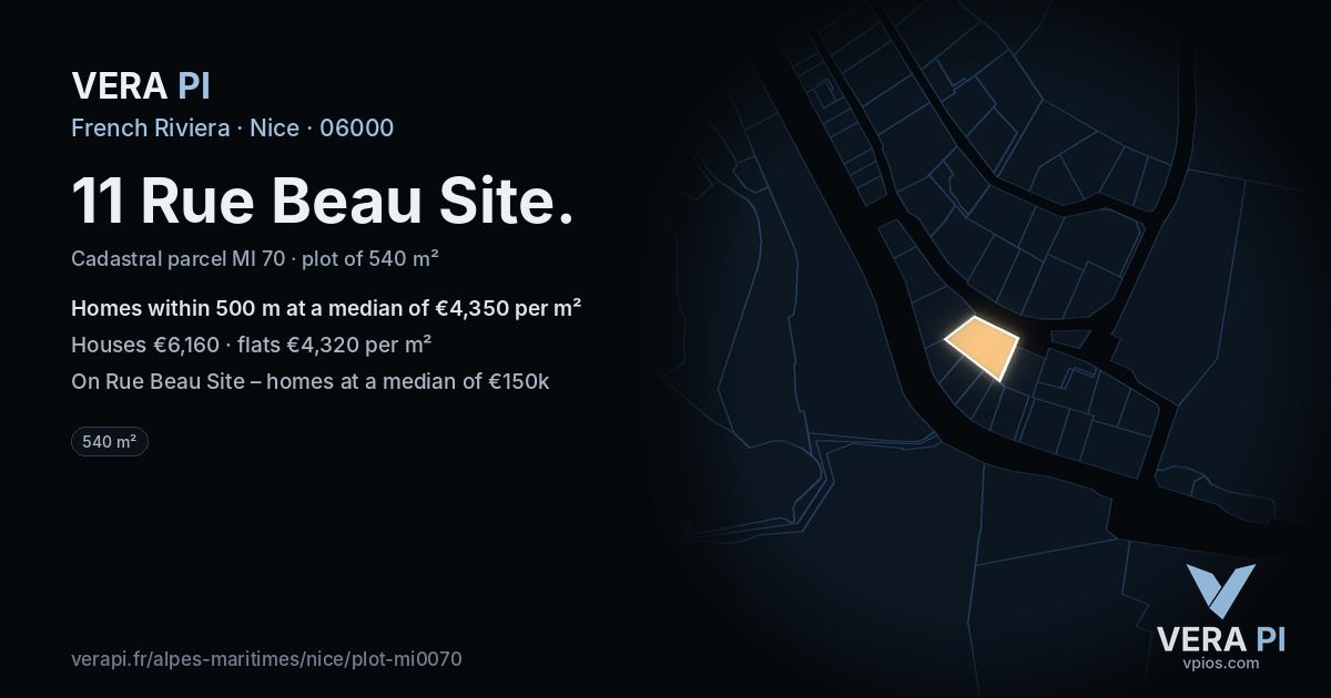 11 Rue Beau Site, Nice at night – the plot lit, the parcels around coloured by the prices near them