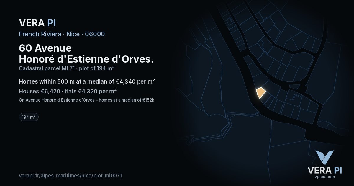 60 Avenue Honoré d'Estienne d'Orves, Nice at night – the plot lit, the parcels around coloured by the prices near them