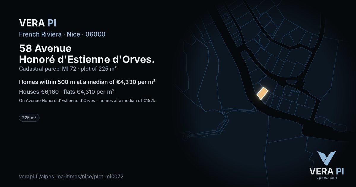 58 Avenue Honoré d'Estienne d'Orves, Nice at night – the plot lit, the parcels around coloured by the prices near them