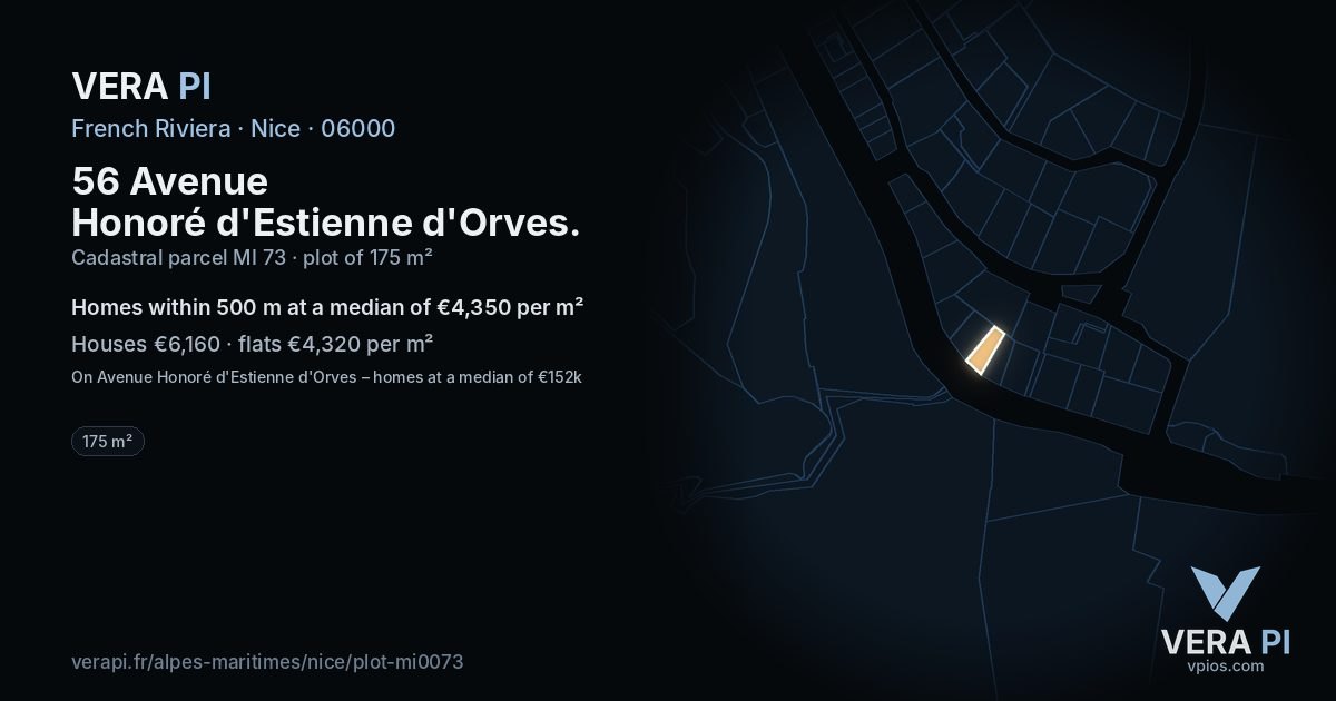 56 Avenue Honoré d'Estienne d'Orves, Nice at night – the plot lit, the parcels around coloured by the prices near them