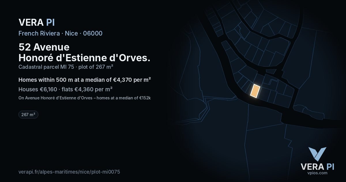 52 Avenue Honoré d'Estienne d'Orves, Nice at night – the plot lit, the parcels around coloured by the prices near them