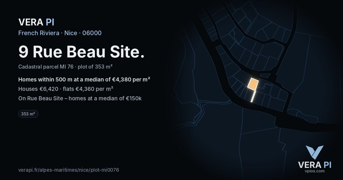 9 Rue Beau Site, Nice at night – the plot lit, the parcels around coloured by the prices near them