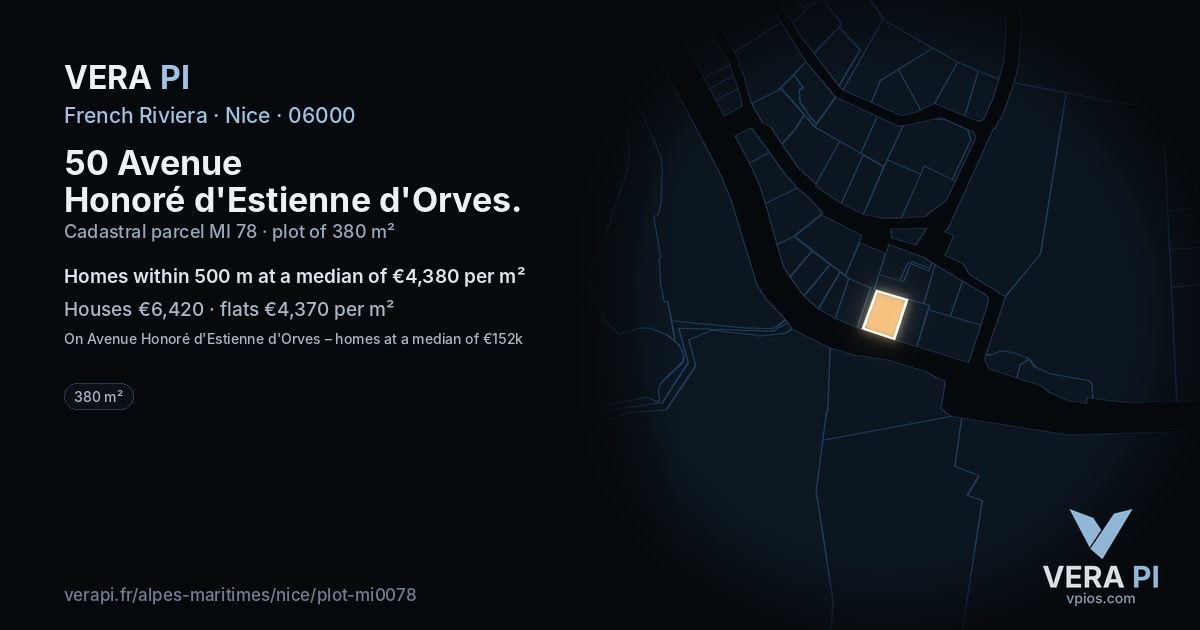 50 Avenue Honoré d'Estienne d'Orves, Nice at night – the plot lit, the parcels around coloured by the prices near them