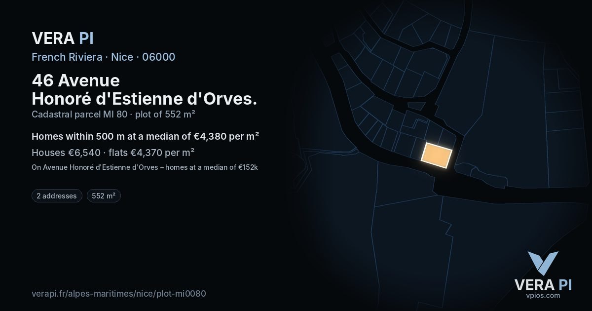 46 Avenue Honoré d'Estienne d'Orves, Nice at night – the plot lit, the parcels around coloured by the prices near them
