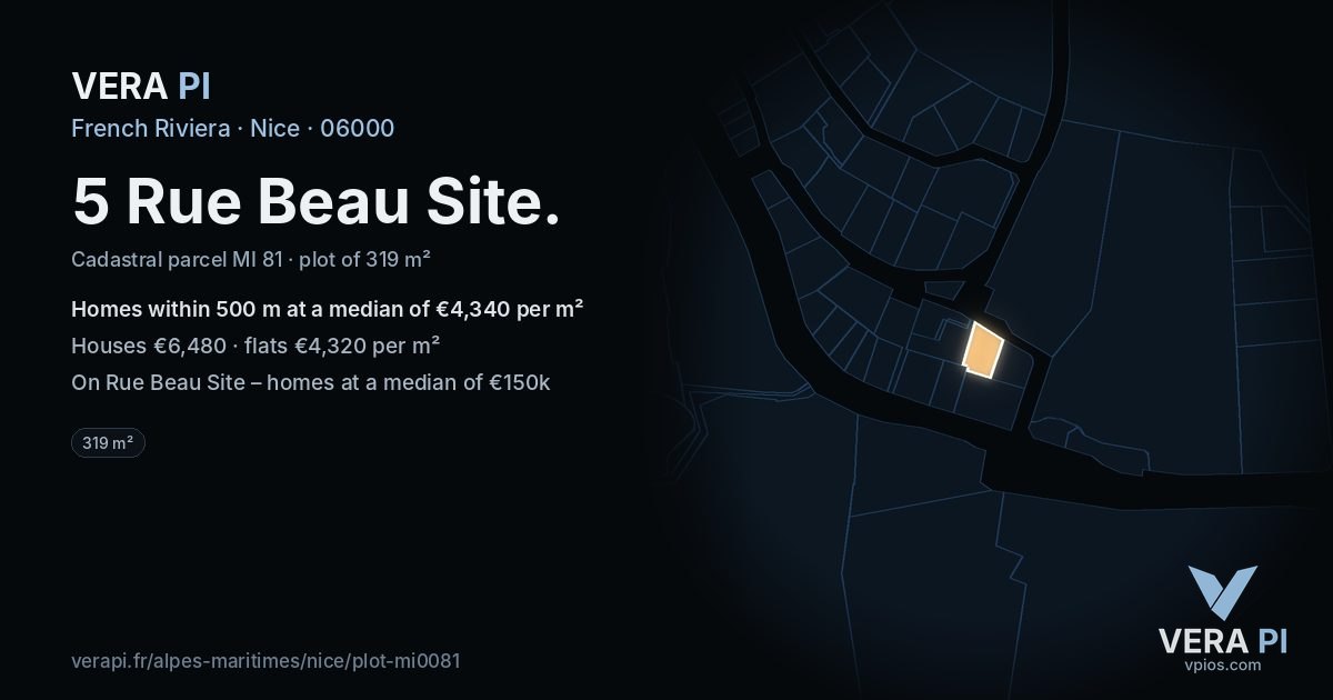 5 Rue Beau Site, Nice at night – the plot lit, the parcels around coloured by the prices near them