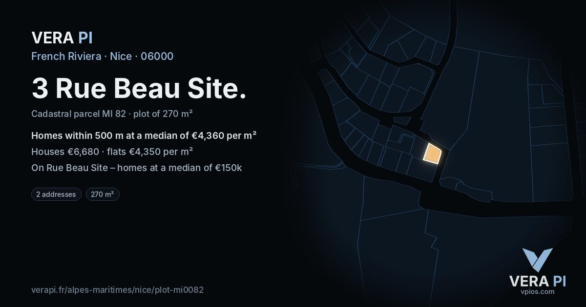 3 Rue Beau Site, Nice at night – the plot lit, the parcels around coloured by the prices near them