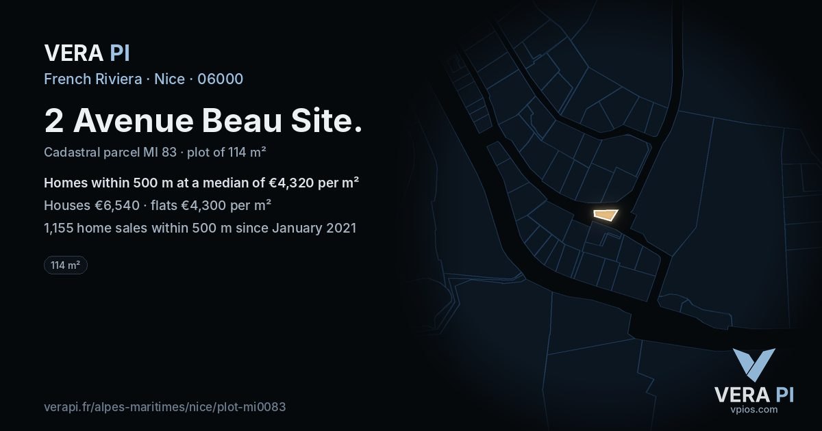 2 Avenue Beau Site, Nice at night – the plot lit, the parcels around coloured by the prices near them