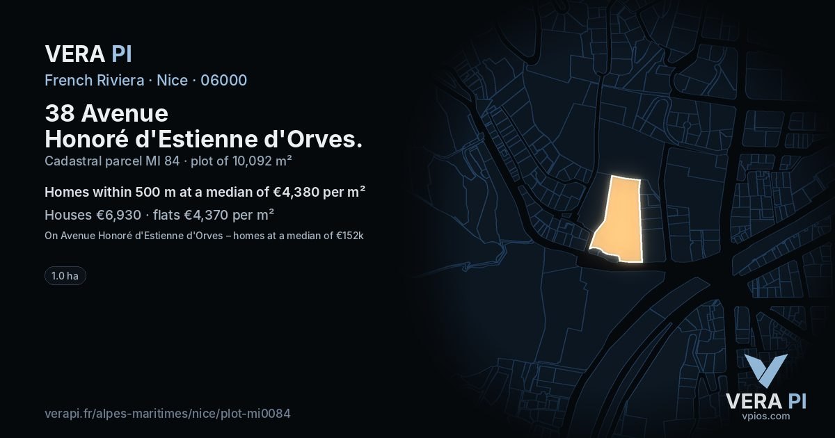 38 Avenue Honoré d'Estienne d'Orves, Nice at night – the plot lit, the parcels around coloured by the prices near them