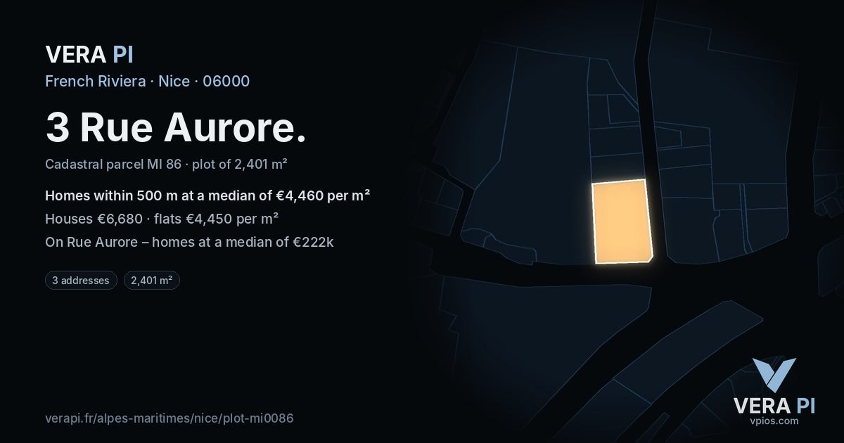 3 Rue Aurore, Nice at night – the plot lit, the parcels around coloured by the prices near them