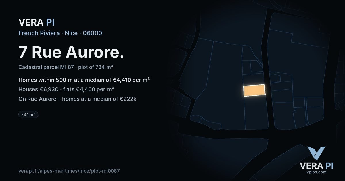 7 Rue Aurore, Nice at night – the plot lit, the parcels around coloured by the prices near them