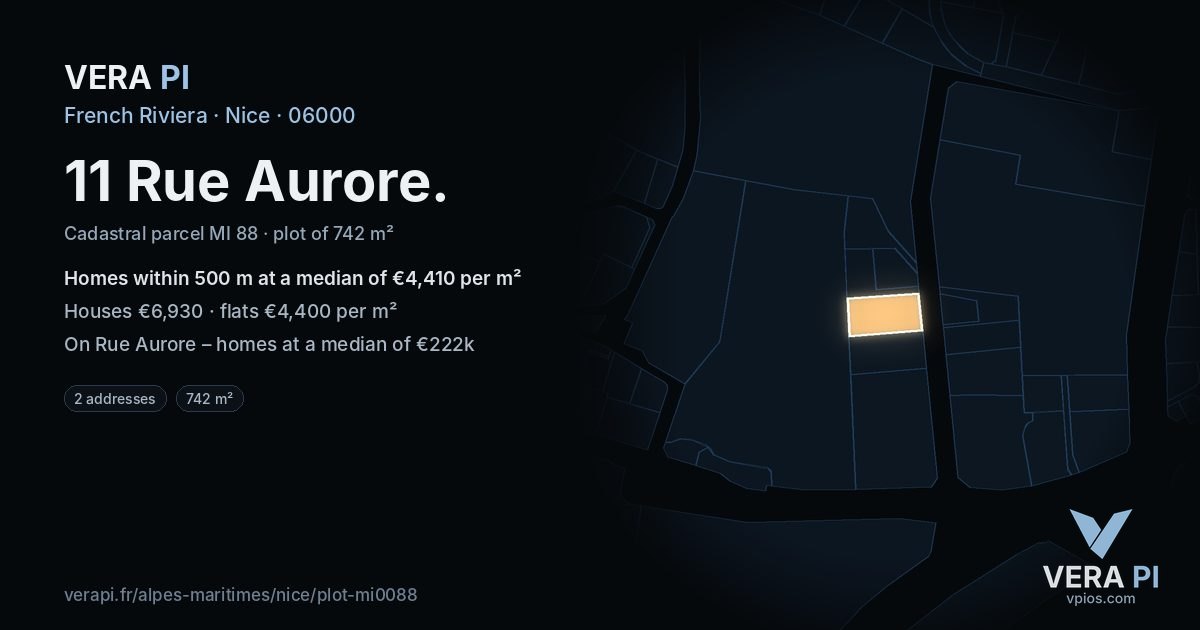 11 Rue Aurore, Nice at night – the plot lit, the parcels around coloured by the prices near them
