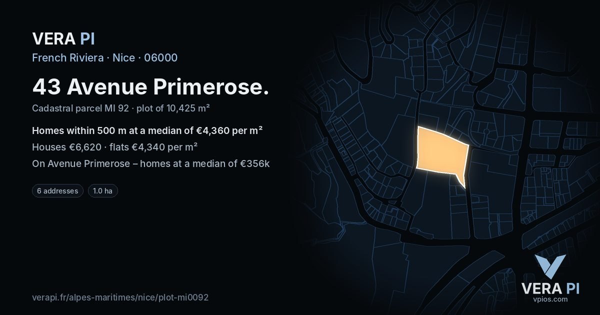 43 Avenue Primerose, Nice at night – the plot lit, the parcels around coloured by the prices near them