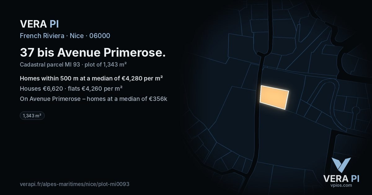 37 bis Avenue Primerose, Nice at night – the plot lit, the parcels around coloured by the prices near them