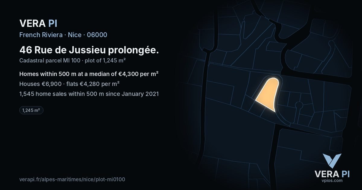 46 Rue de Jussieu prolongée, Nice at night – the plot lit, the parcels around coloured by the prices near them