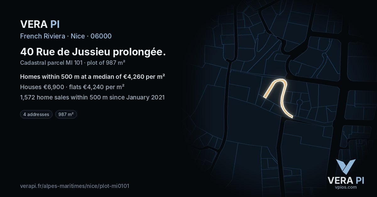 40 Rue de Jussieu prolongée, Nice at night – the plot lit, the parcels around coloured by the prices near them