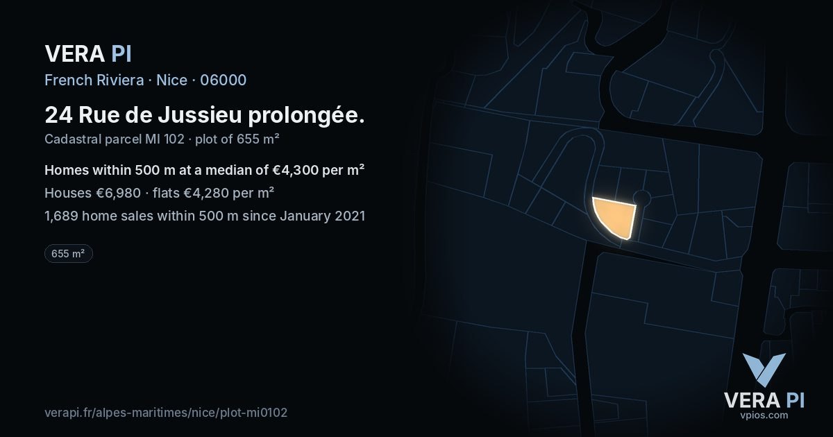 24 Rue de Jussieu prolongée, Nice at night – the plot lit, the parcels around coloured by the prices near them