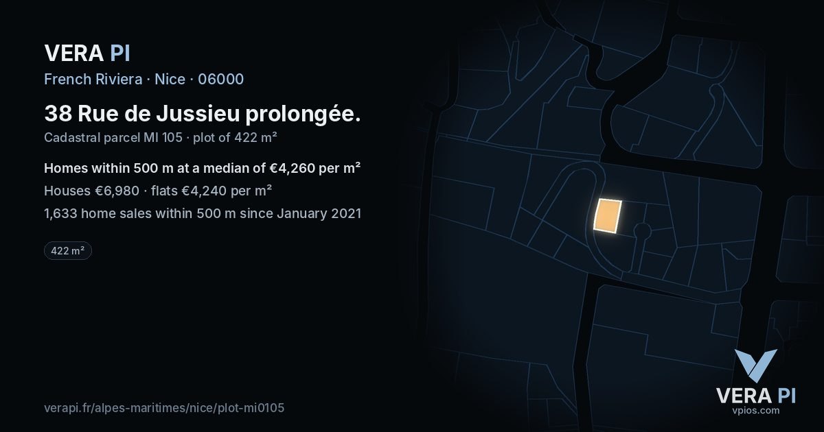 38 Rue de Jussieu prolongée, Nice at night – the plot lit, the parcels around coloured by the prices near them
