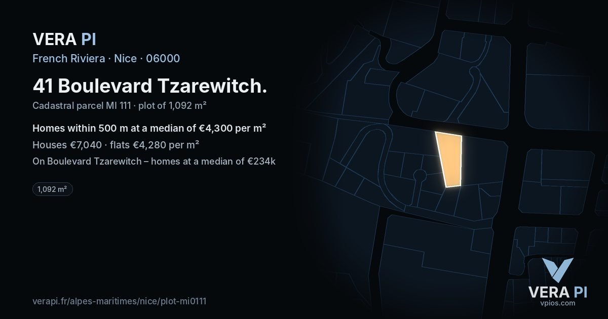 41 Boulevard Tzarewitch, Nice at night – the plot lit, the parcels around coloured by the prices near them
