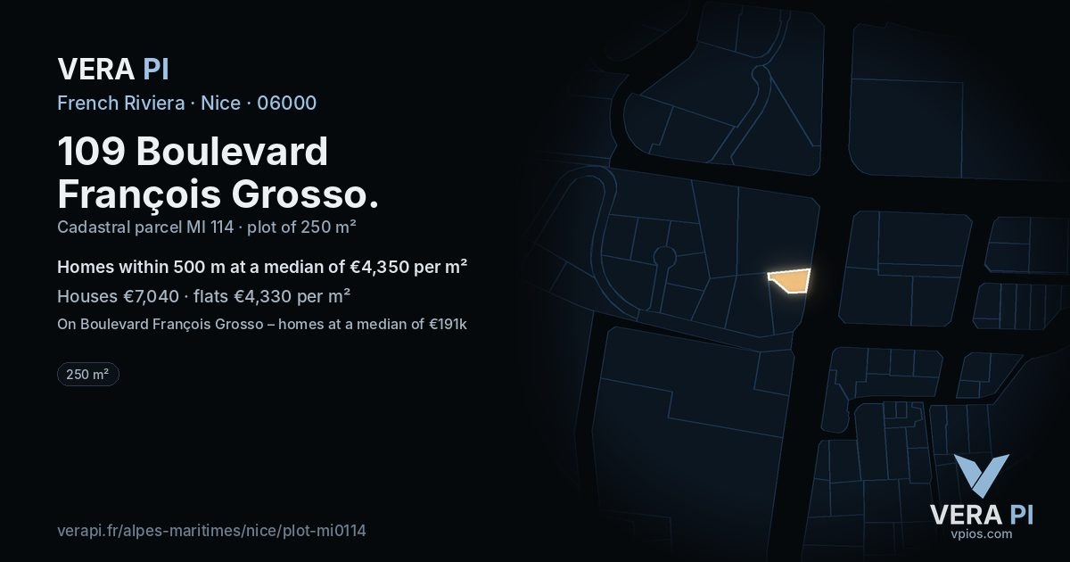109 Boulevard François Grosso, Nice at night – the plot lit, the parcels around coloured by the prices near them