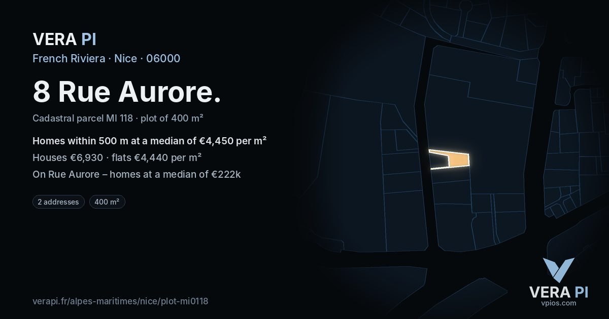 8 Rue Aurore, Nice at night – the plot lit, the parcels around coloured by the prices near them