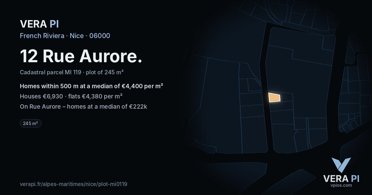 12 Rue Aurore, Nice at night – the plot lit, the parcels around coloured by the prices near them