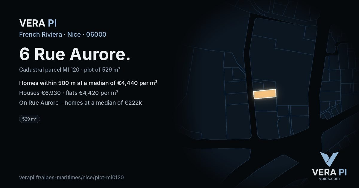 6 Rue Aurore, Nice at night – the plot lit, the parcels around coloured by the prices near them