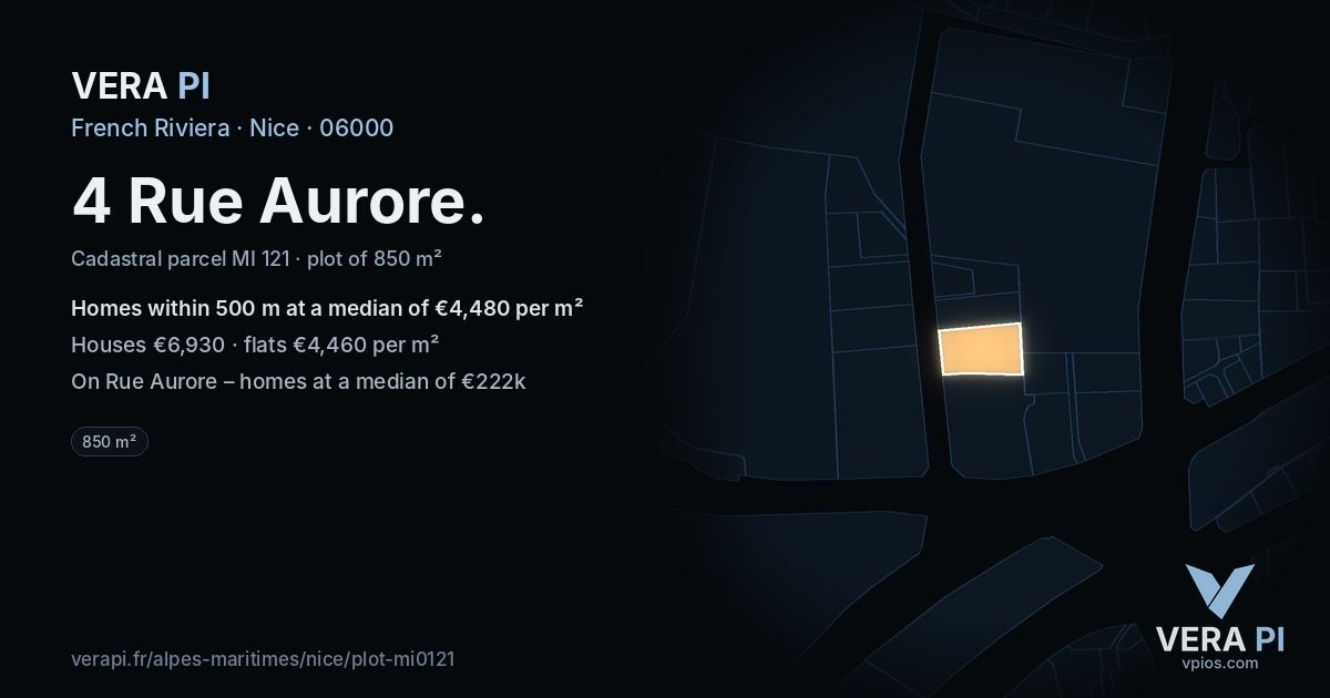 4 Rue Aurore, Nice at night – the plot lit, the parcels around coloured by the prices near them