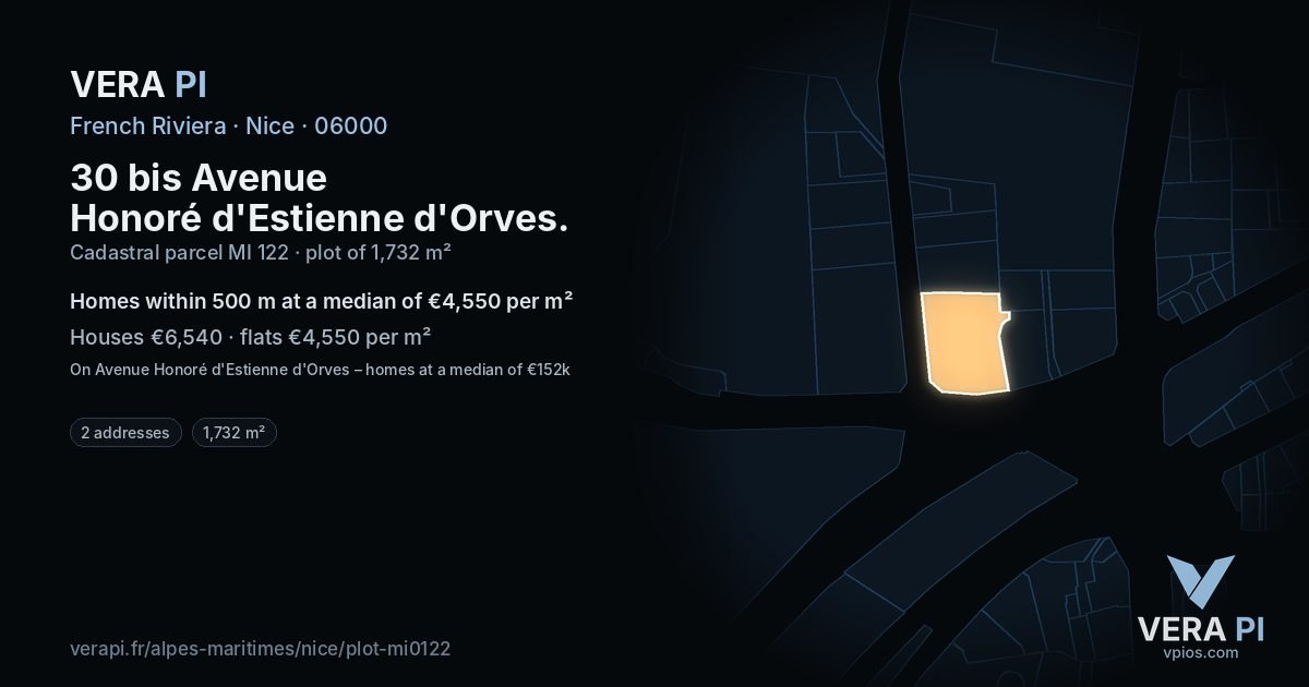 30 bis Avenue Honoré d'Estienne d'Orves, Nice at night – the plot lit, the parcels around coloured by the prices near them